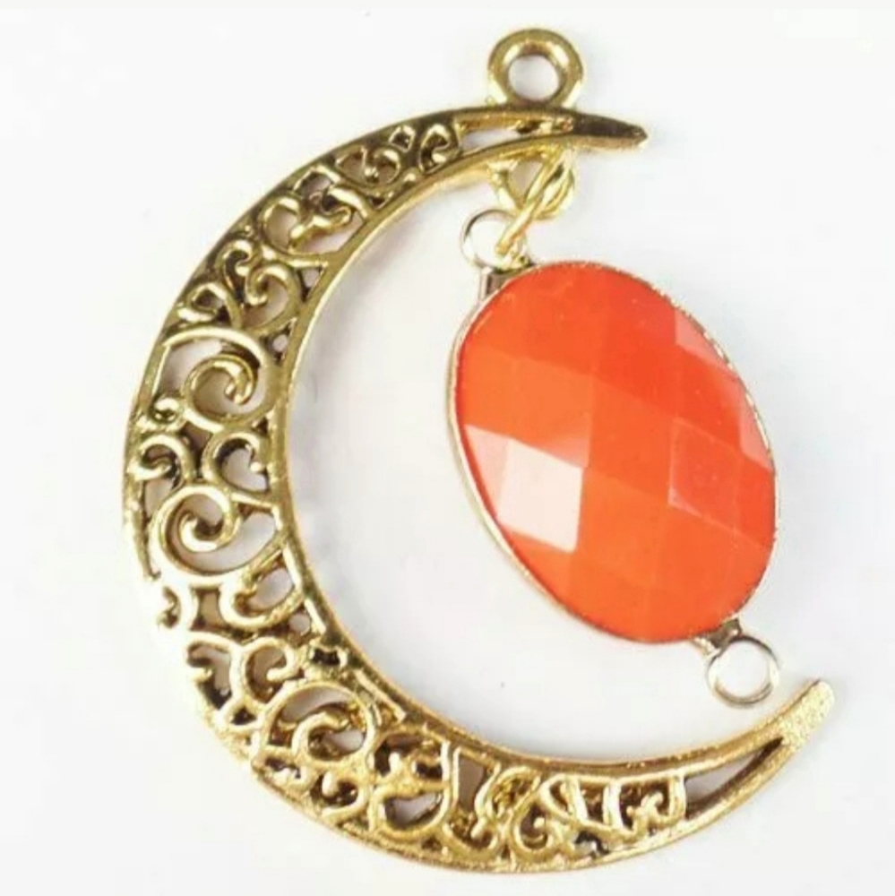 *$15 Sale* New Gold Crescent Moon Red Jade Pendant